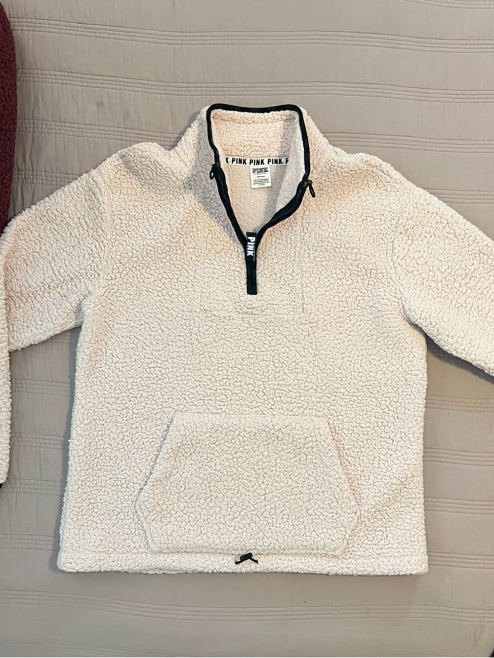 PINK Victoria's Secret Cream Sherpa Quarter-Zip Pullover with Black Trim